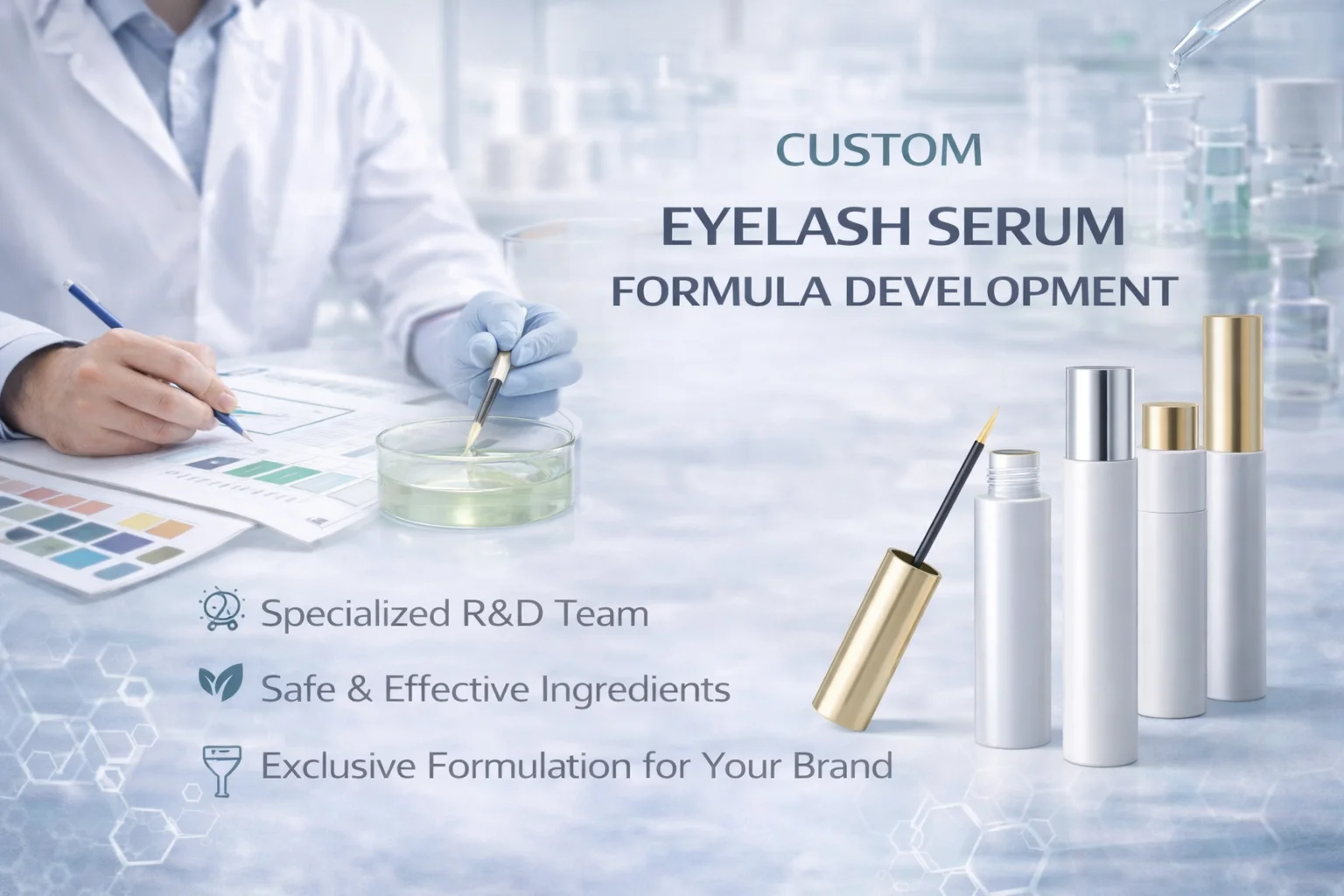 A scientist working on custom eyelash serum formula development with lab equipment and product samples. Text highlights safe ingredients and exclusive formulation.